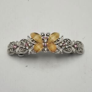 Butterfly Barrette Silver Tone Pink Rhinestone Yellow Plastic Filigree Clip